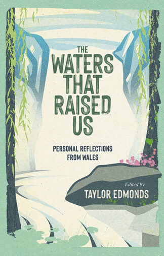 This cover shows a digital illustration of a waterfall flowing into a river. The text reads: The Waters That Raised Us. Edited by Taylor Edmonds.