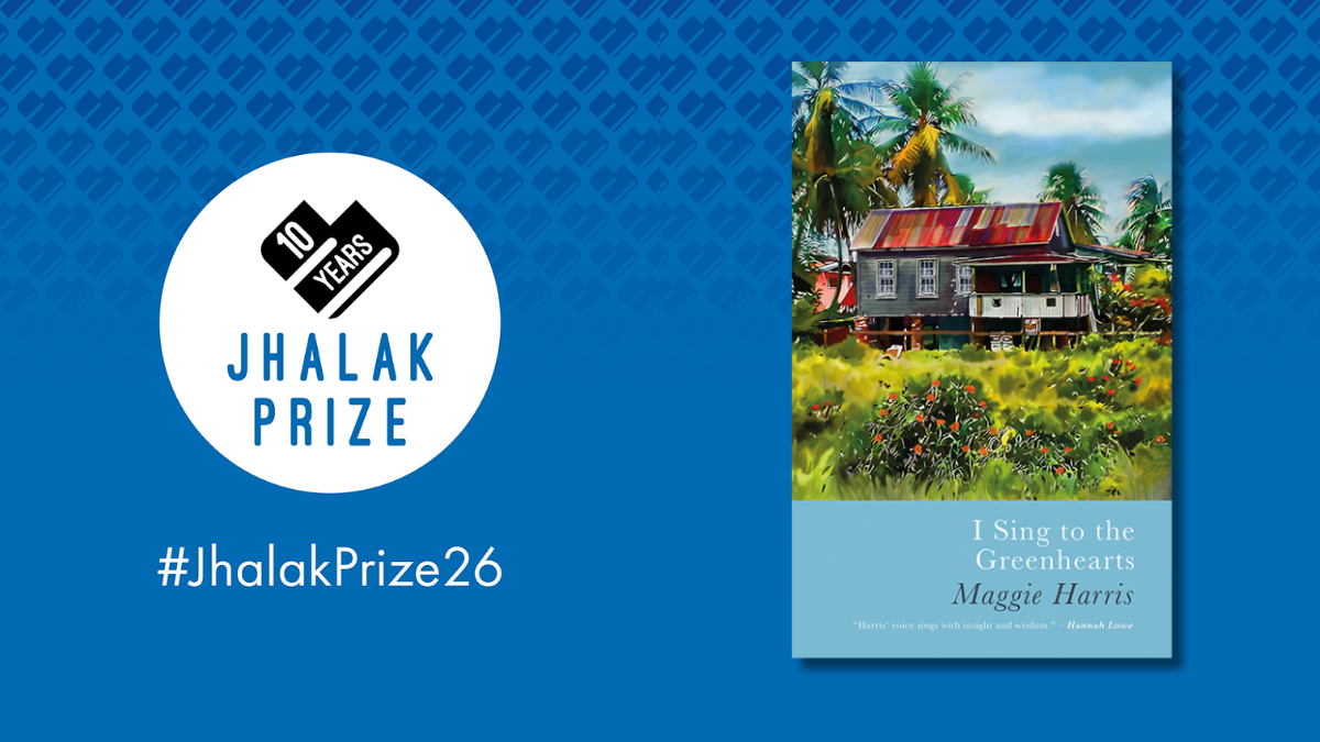 Graphic showing a copy of Maggie Harris' collection alongside the Jhalak Prize logo.
